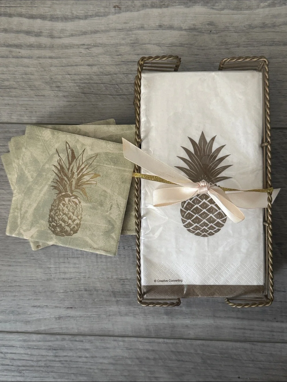 Gold Pineapple Cocktail Napkins in Metal Holder and 6 pc Coasters